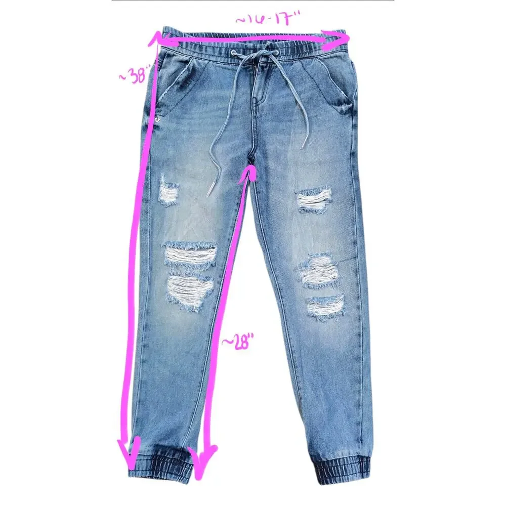 True Religion Distressed Drawstring Denim Joggers Light Wash Size Small